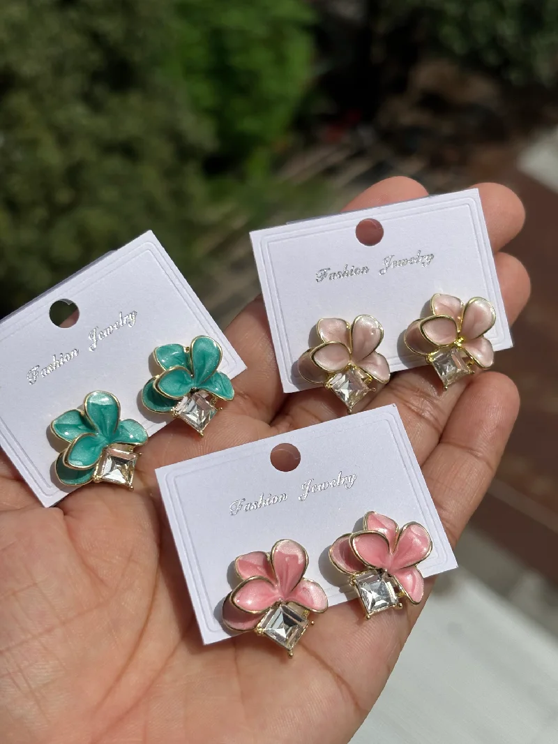 Geometric Crystal Enamel Orchid Stud Earring